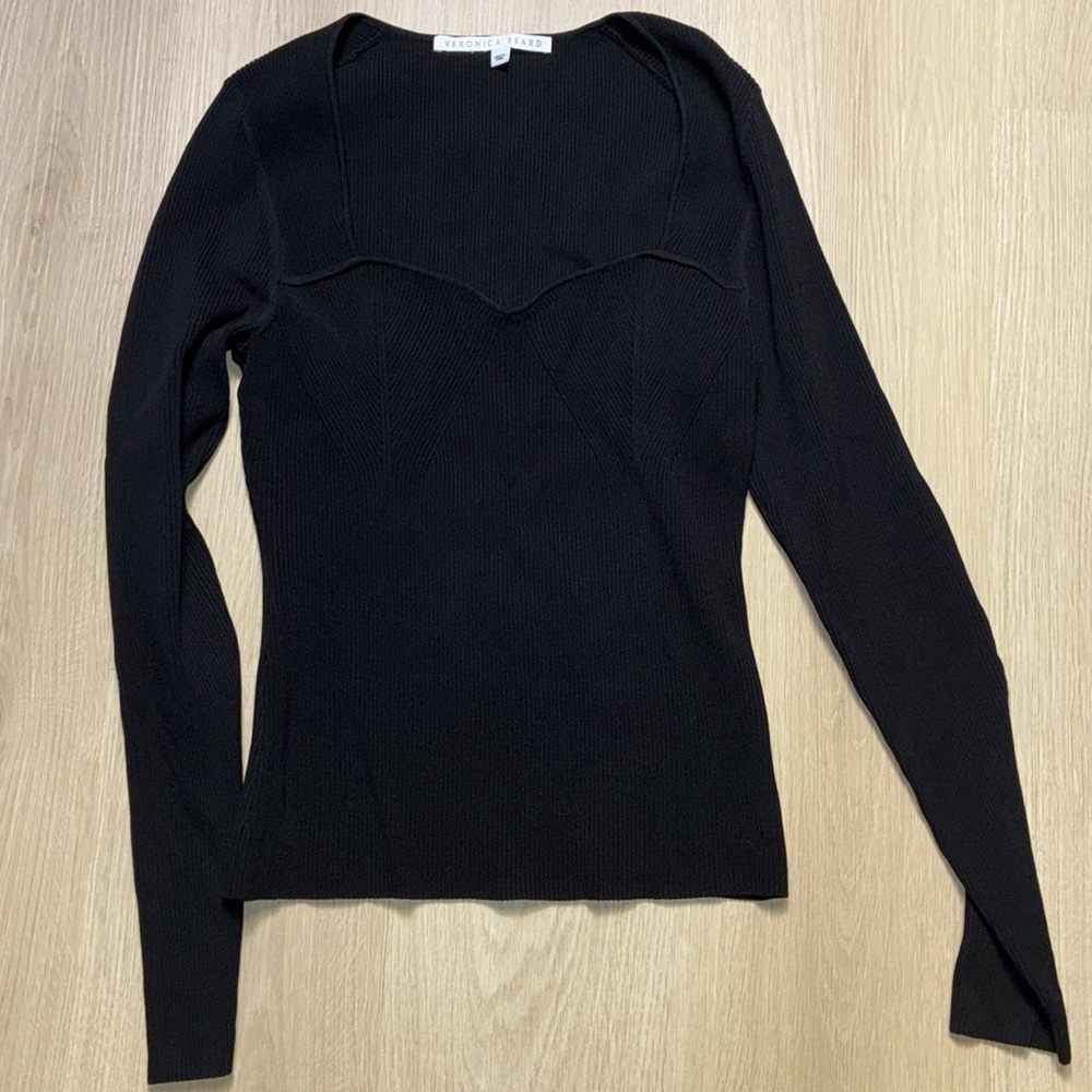 Veronica Beard Sweetheart Ribbed Knit Top Black Textured Long Sleeve - Picture 4 of 6